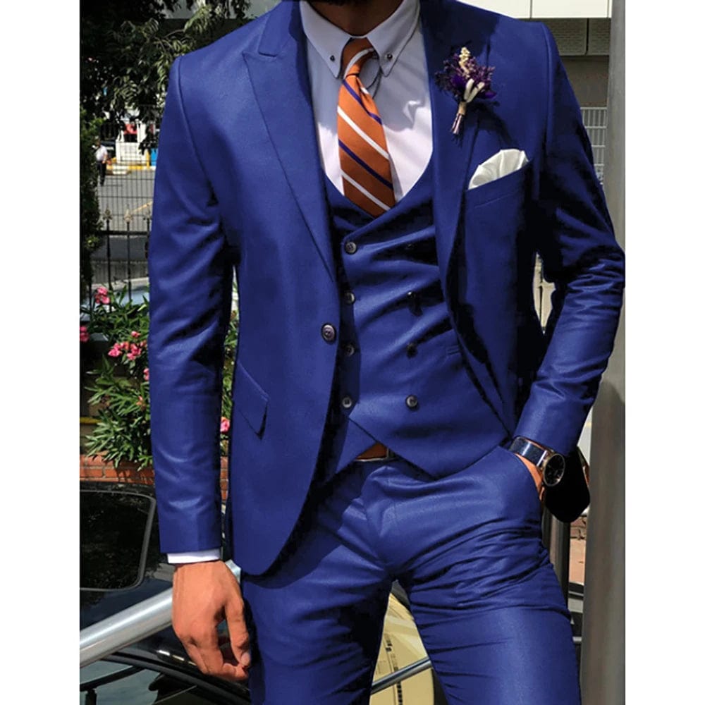 SHOWLU FASHION STORE Same as picture3 / XL Blue Double Breasted Lapel Male Suit 3 Pieces (Jacket+Pants+Vest) Business Casual Wedding Party modern Men's Suits For Weddings