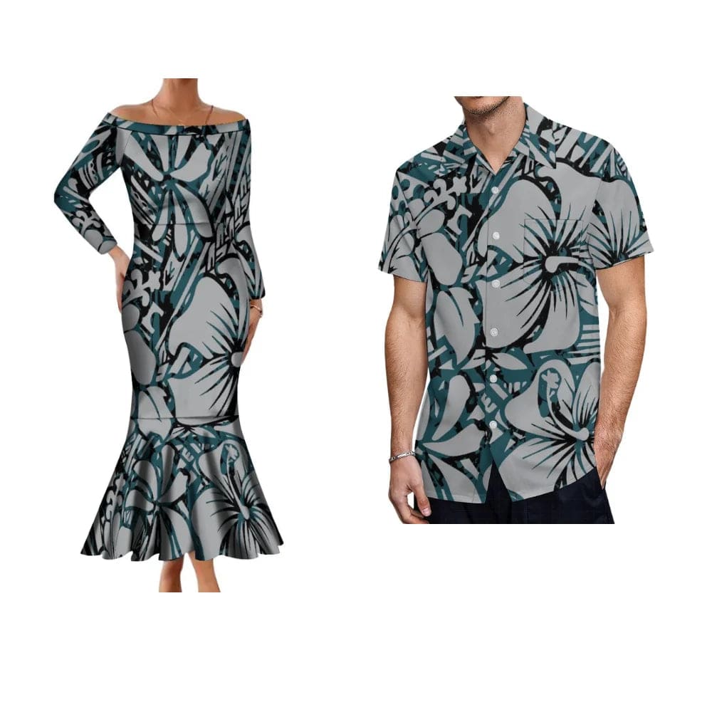 SHOWLU FASHION STORE Samoa Hibiscus Flower Custom Polynesian Women'S Dress Men'S Shirt Polynesian Couple Dress Sexy Off-The-Shoulder Long Dress