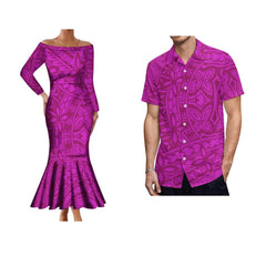 SHOWLU FASHION STORE Samoa Hibiscus Flower Custom Polynesian Women'S Dress Men'S Shirt Polynesian Couple Dress Sexy Off-The-Shoulder Long Dress