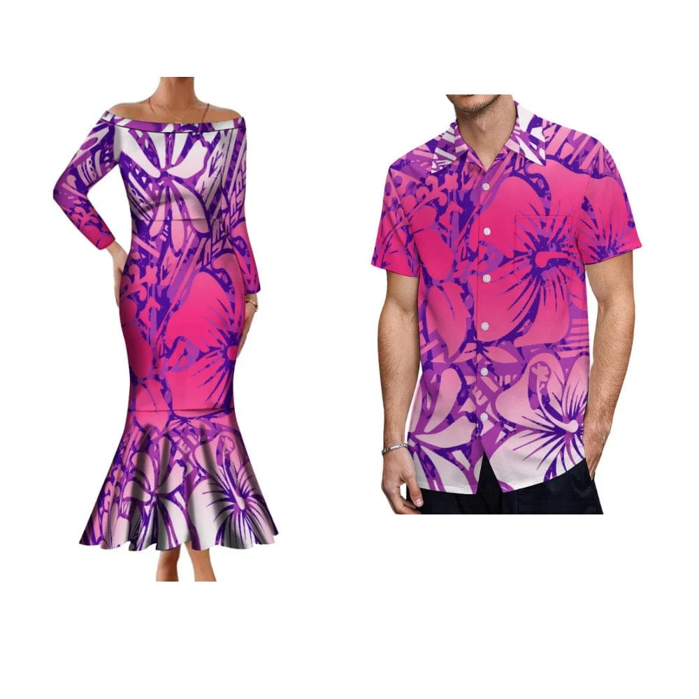 SHOWLU FASHION STORE Samoa Hibiscus Flower Custom Polynesian Women'S Dress Men'S Shirt Polynesian Couple Dress Sexy Off-The-Shoulder Long Dress