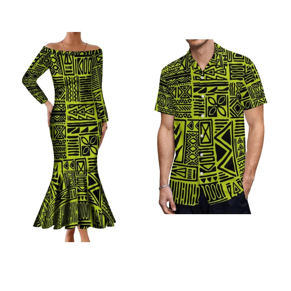 SHOWLU FASHION STORE Samoa Hibiscus Flower Custom Polynesian Women'S Dress Men'S Shirt Polynesian Couple Dress Sexy Off-The-Shoulder Long Dress