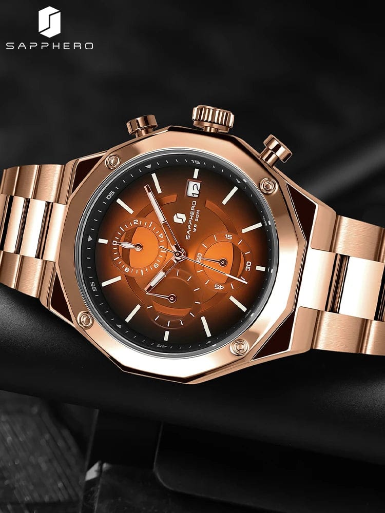 SHOWLU FASHION STORE SAPPHERO Rose gold Chronograph Mens Watch Luxury  Stainless Steel Quartz Watch Business Waterproof Luminous Calendar Wristwatch