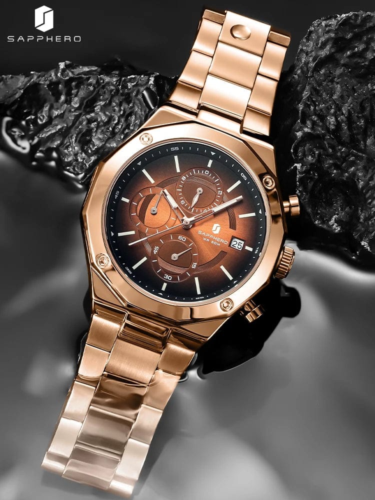 SHOWLU FASHION STORE SAPPHERO Rose gold Chronograph Mens Watch Luxury  Stainless Steel Quartz Watch Business Waterproof Luminous Calendar Wristwatch