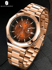 SHOWLU FASHION STORE SAPPHERO Rose gold Chronograph Mens Watch Luxury  Stainless Steel Quartz Watch Business Waterproof Luminous Calendar Wristwatch