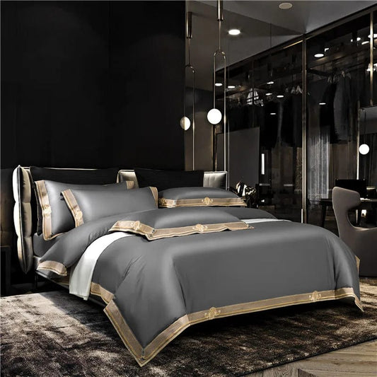 SHOWLU FASHION STORE Satin 1200TC Egyptian Cotton Luxury Bedding Set, Gold Embroidery, Queen, King, Duvet Cover, Flat/Fitted Bed Sheet, Pillowcases