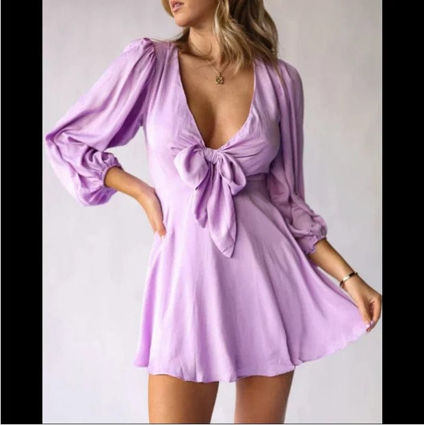  Showlu Fashion Store Satin Puff Sleeve Plunge Dress