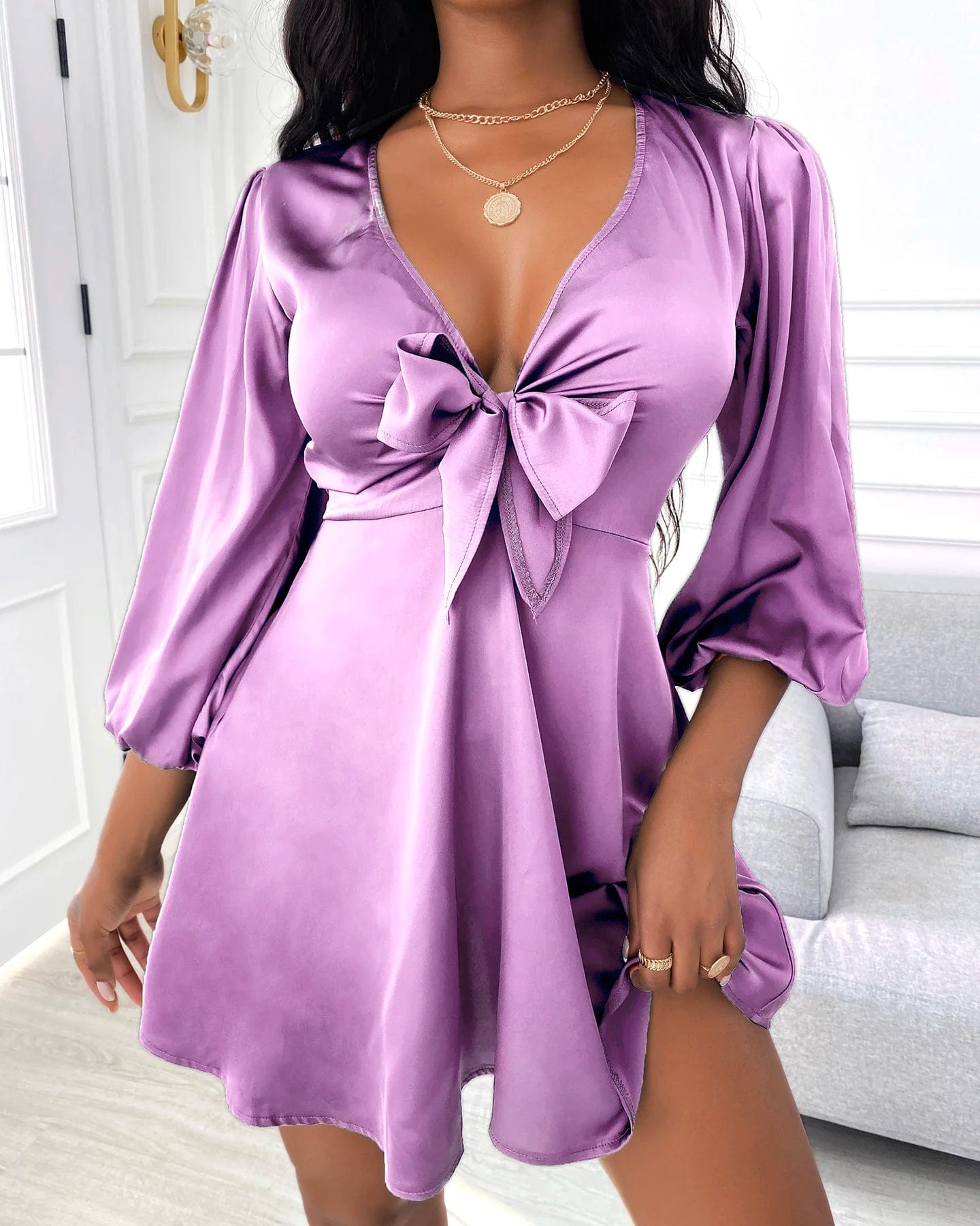  Showlu Fashion Store Satin Puff Sleeve Plunge Dress