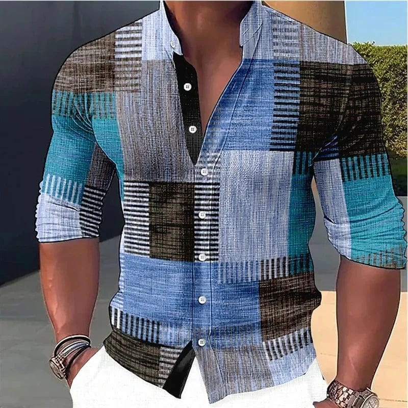 SHOWLU FASHION STORE SDS110 / L New men's multi-color striped printed stand up collar long sleeved trendy top design button up shirt fashionable long sleeved sh