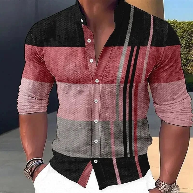 SHOWLU FASHION STORE SDS15 / S New men's multi-color striped printed stand up collar long sleeved trendy top design button up shirt fashionable long sleeved sh