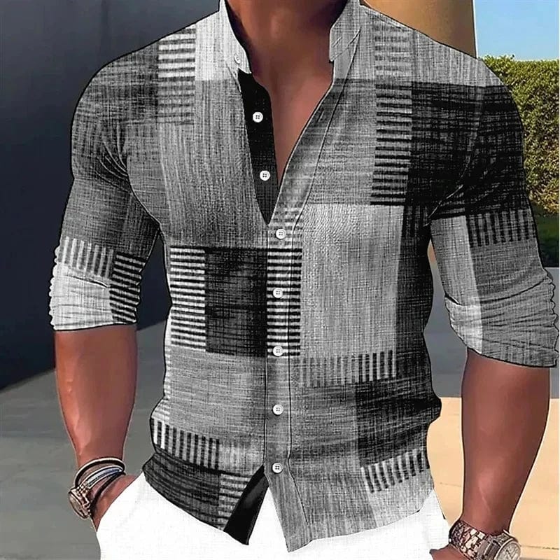 SHOWLU FASHION STORE SDS18 / XXL New men's multi-color striped printed stand up collar long sleeved trendy top design button up shirt fashionable long sleeved sh