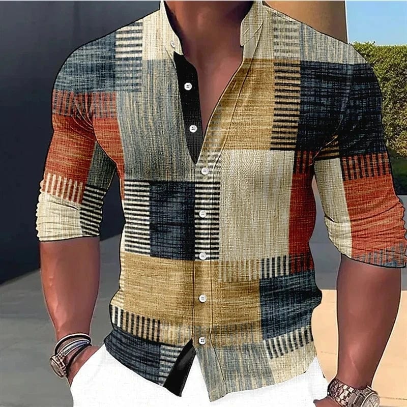 SHOWLU FASHION STORE SDS19 / XL New men's multi-color striped printed stand up collar long sleeved trendy top design button up shirt fashionable long sleeved sh