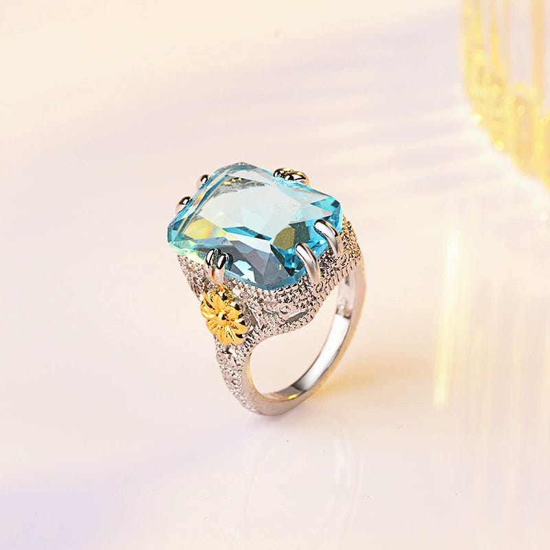  Showlu Fashion Store Sea Blue 6 Ocean Blue Princess Women's European and American-Style Gold Flower Ring