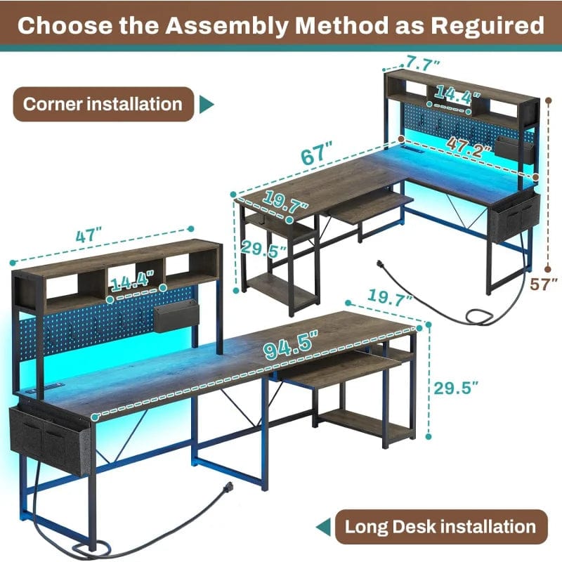 SHOWLU FASHION STORE SEDETA L , 94.5 Inch Office Power Outlet &Amp; Pegboard, L Shaped Desk With Led Light, Keyboard Tray, Stora