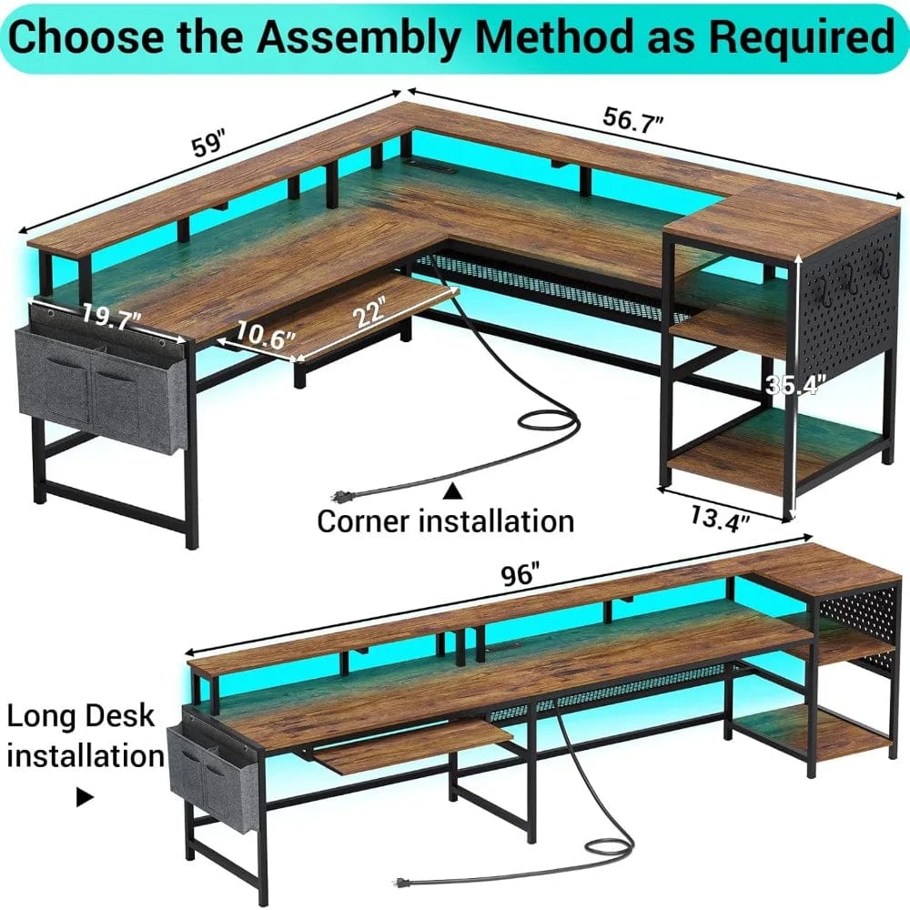 SHOWLU FASHION STORE SEDETA L Shaped Computer Desk, Reversible Computer Desk, L Shaped Desk with Power Outlets & LED Strip, Monitor Shelf, Keyboard T