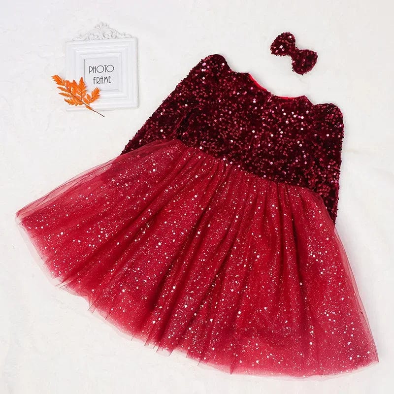  Showlu Fashion Store Sequin Baby Girls Party Dresses with Hairpin Long Sleeve Kids Winter Princess Drsess 3-8 Yrs Red Christmas New Year Girls Dress