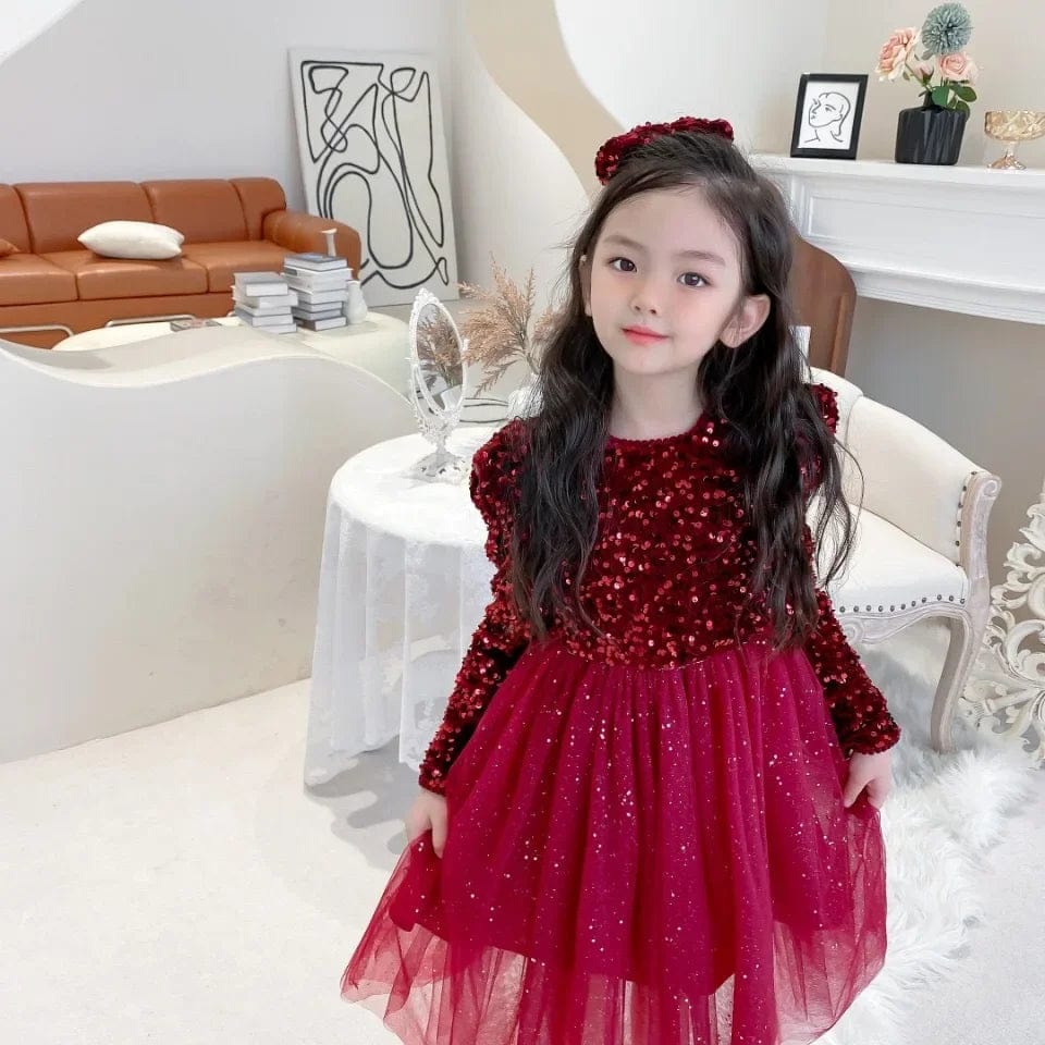  Showlu Fashion Store Sequin Baby Girls Party Dresses with Hairpin Long Sleeve Kids Winter Princess Drsess 3-8 Yrs Red Christmas New Year Girls Dress