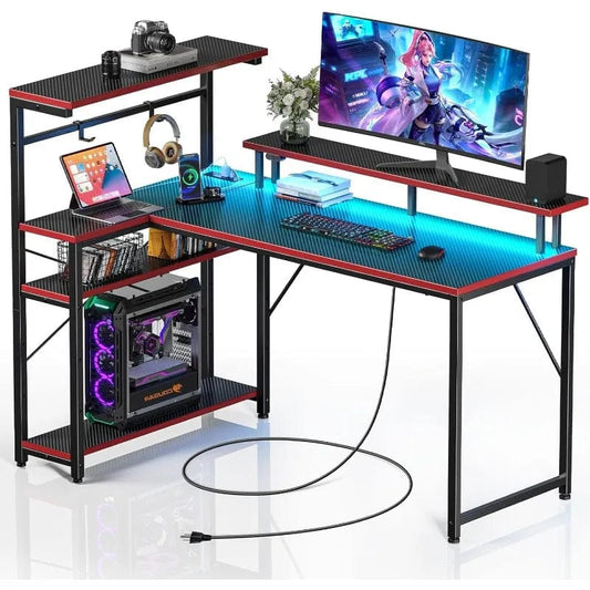 SHOWLU FASHION STORE Seventable Gaming Desk with Power Outlet and LED Light, Reversible Small Desk with Monitor Stand,4 Tiers Shelves and Hooks,39" L