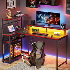 SHOWLU FASHION STORE Seventable Gaming Desk with Power Outlet and LED Light, Reversible Small Desk with Monitor Stand,4 Tiers Shelves and Hooks,39" L