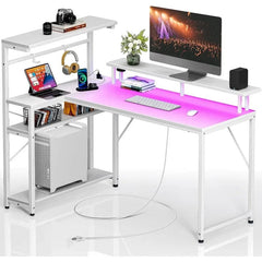 SHOWLU FASHION STORE Seventable Gaming Desk with Power Outlet and LED Light, Reversible Small Desk with Monitor Stand,4 Tiers Shelves and Hooks,39" L