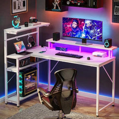 SHOWLU FASHION STORE Seventable Gaming Desk with Power Outlet and LED Light, Reversible Small Desk with Monitor Stand,4 Tiers Shelves and Hooks,39" L