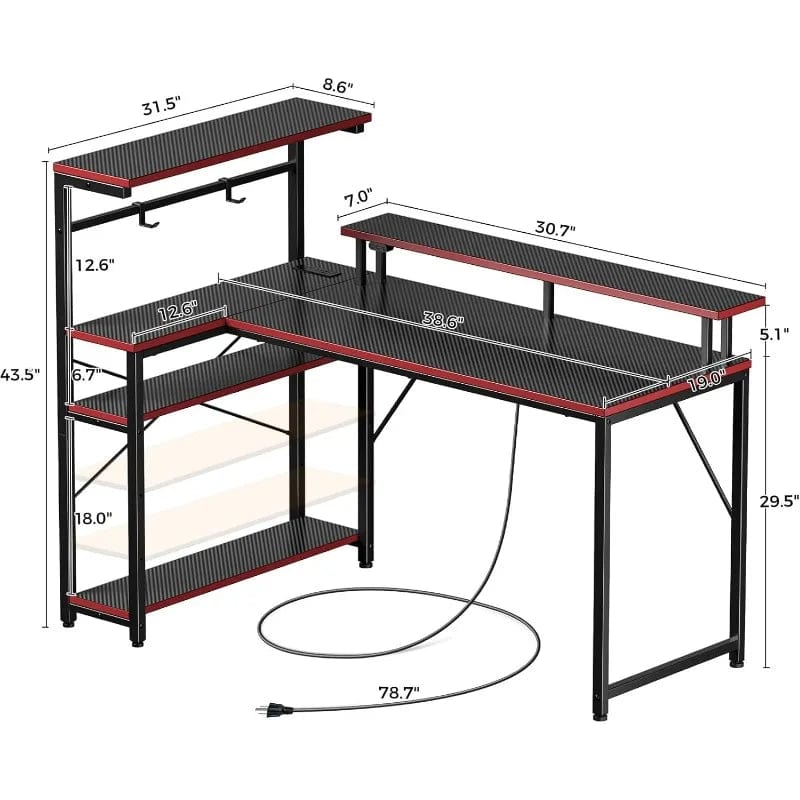 SHOWLU FASHION STORE Seventable Gaming Desk with Power Outlet and LED Light, Reversible Small Desk with Monitor Stand,4 Tiers Shelves and Hooks,39" L