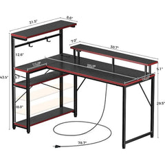 SHOWLU FASHION STORE Seventable Gaming Desk with Power Outlet and LED Light, Reversible Small Desk with Monitor Stand,4 Tiers Shelves and Hooks,39" L