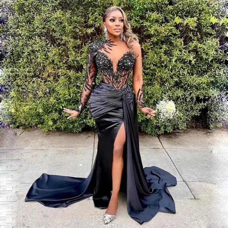  Showlu Fashion Store Sexy Black Aatin Evening Dress Hollow Long Sleeve Crystal Beads Mermaid Slit Floor Length Formal Party Dress for Women فساتين ال