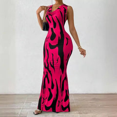 SHOWLU FASHION STORE Sexy Bodycon Package hip Party Women's Long Dresses Summer Print Sleeveless Pile Collar Slim Skinny Party Maxi Dress For Women