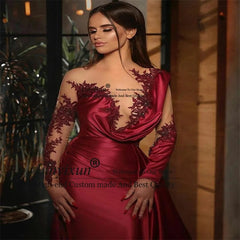 SHOWLU FASHION STORE Sexy Burgundy Mermaid Prom Dresses Illusion Long Sleeves Ruched Satin Runway Formal Evening Gowns Overskirt robe de soirée