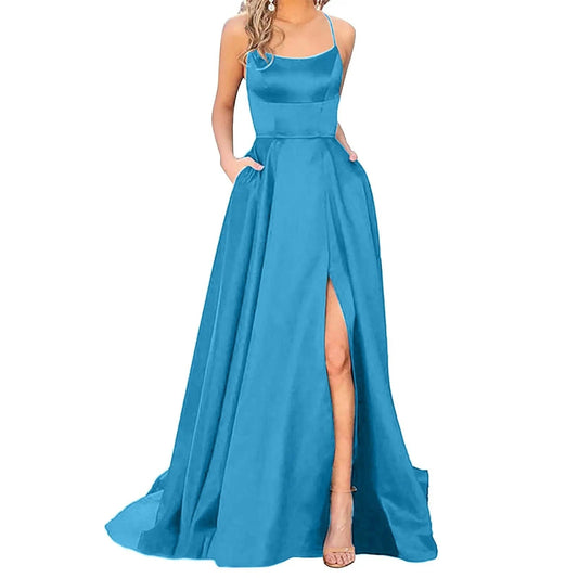 SHOWLU FASHION STORE Sexy Deep Blue Prom Dresses Women's Long Dresses Sexy Criss-cross Satin Spaghetti Party Prom Dress Tie Formal Dresses for Women