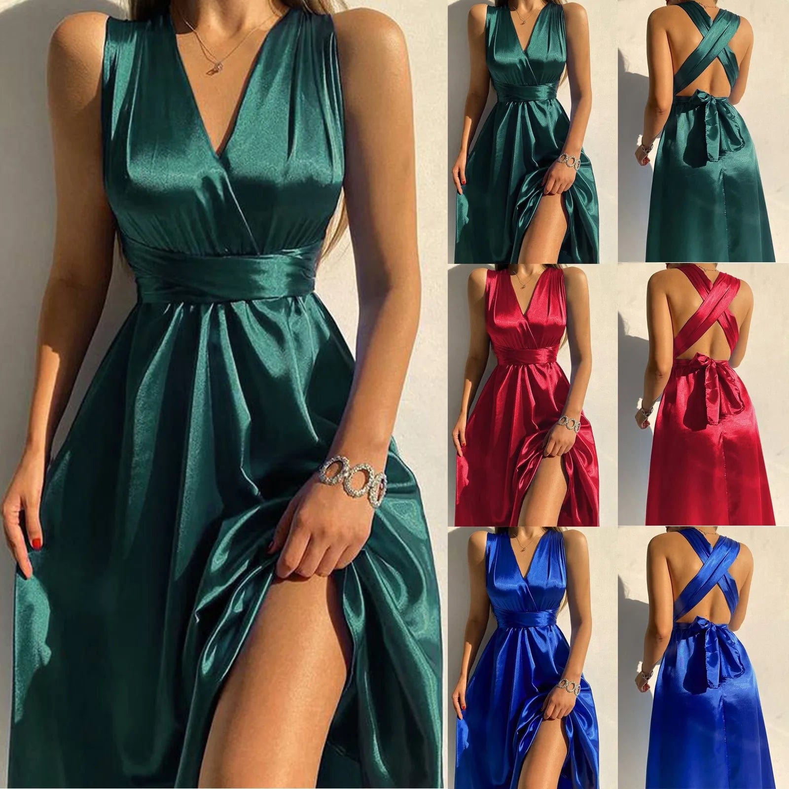 SHOWLU FASHION STORE sexy Evening Dress For Women Bandage V-Neck Gowns Sexy Backless side slit sundress elegant Wedding Guest maxi dresses vestidos