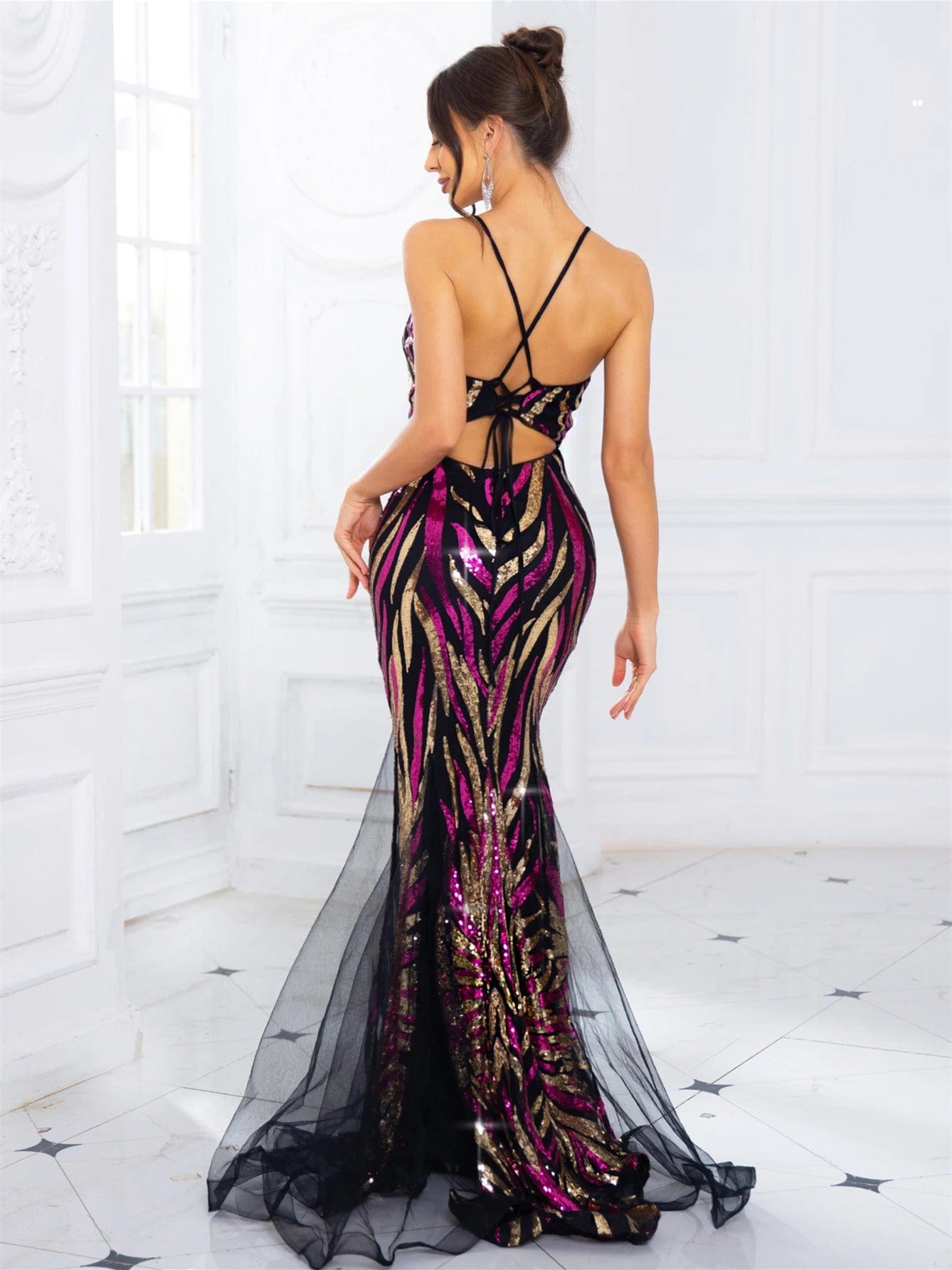 SHOWLU FASHION STORE Sexy Luxury V Neck Prom Gown Lace Up Sleeveless Multi Color A Line Mesh Evening Party Maxi Dress