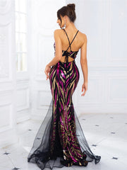 SHOWLU FASHION STORE Sexy Luxury V Neck Prom Gown Lace Up Sleeveless Multi Color A Line Mesh Evening Party Maxi Dress