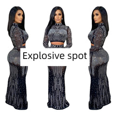  Showlu Fashion Store Sexy Mesh Long Sleeve Rhinestone Dress Two Pieces Dress New