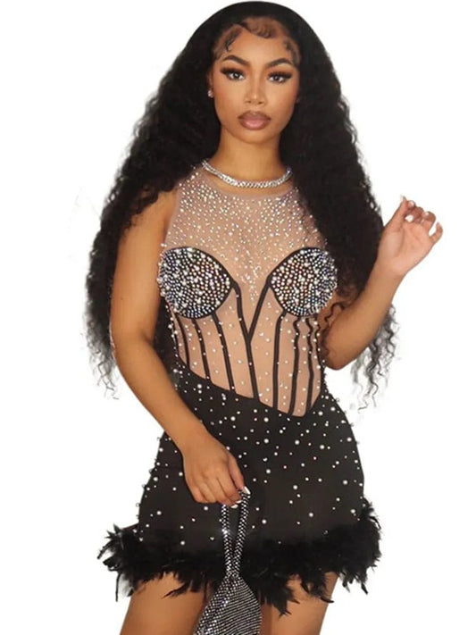  Showlu Fashion Store Sexy Rhinestone Bead Mesh Feather Short Prom Bodycon Dress Party Evening Elegant Luxury Celebrity See Through Night Club Dresses