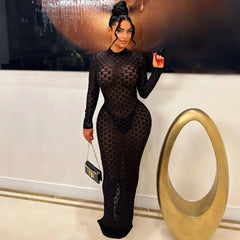  Showlu Fashion Store Sexy Sheer Mesh Grid Long Dress for Women Elegant O Neck Long Sleeve Bodycon Perspective Night Club Party Dresses Robe Femme