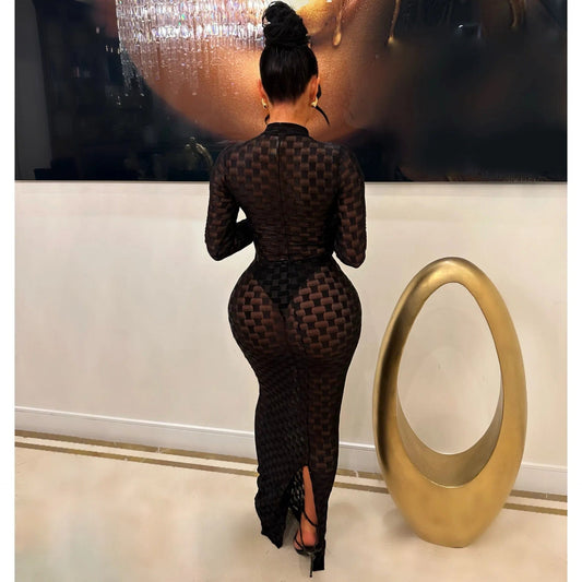 Showlu Fashion Store Sexy Sheer Mesh Grid Long Dress for Women Elegant O Neck Long Sleeve Bodycon Perspective Night Club Party Dresses Robe Femme