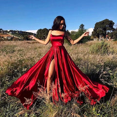 SHOWLU FASHION STORE Sexy Spaghetti Strap Evening Stain Dresses Fashion Red Big Swing Front Slit Party Prom Dress Elegant Wedding Dresses Balls Gowns