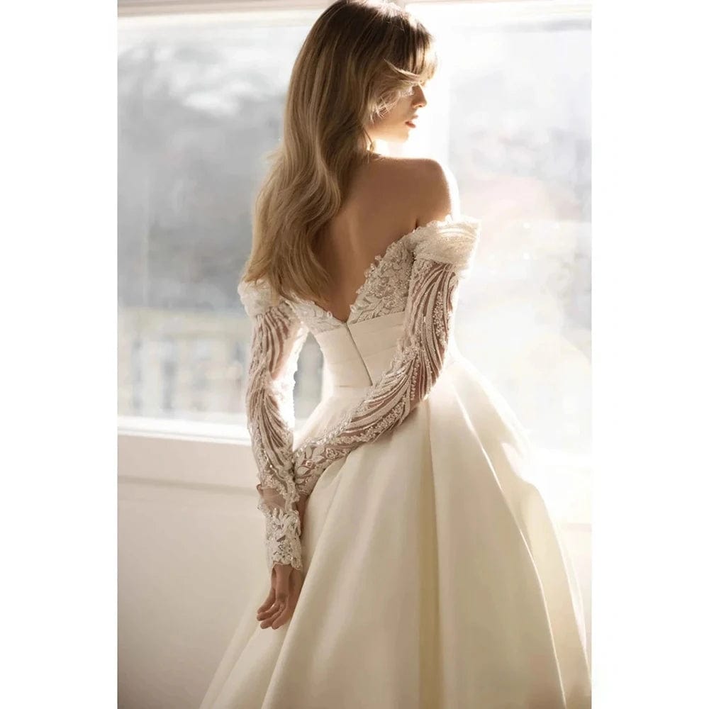 SHOWLU FASHION STORE Sexy Sweetheart Satin Mermaid Wedding Dress Lace Applique Beaded Long Sleeve Bride Dress Customized Detachable Train Bridal Gown