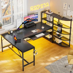 SHOWLU FASHION STORE Shaped Computer Desk, 63'' Desk with Storage Shelves, Keyboard Tray, Monitor Stand and Headphone Hook, Corner Gaming Desk