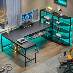 SHOWLU FASHION STORE Shaped Computer Desk, 63'' Desk with Storage Shelves, Keyboard Tray, Monitor Stand and Headphone Hook, Corner Gaming Desk