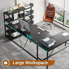 SHOWLU FASHION STORE Shaped Computer Desk, 63'' Desk with Storage Shelves, Keyboard Tray, Monitor Stand and Headphone Hook, Corner Gaming Desk