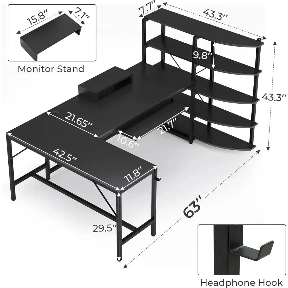 SHOWLU FASHION STORE Shaped Computer Desk, 63'' Desk with Storage Shelves, Keyboard Tray, Monitor Stand and Headphone Hook, Corner Gaming Desk