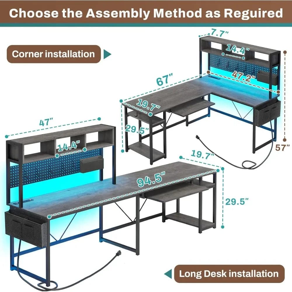 SHOWLU FASHION STORE Shaped Desk, 94.5 Inch Home Office Desk with Power Outlet & Pegboard, L Shaped Gaming Desk with LED Light, Keyboard