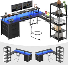 SHOWLU FASHION STORE Shaped Gaming Desk, Reversible 55” Corner Computer Desk with 3 Fabric Drawers and Storage Shelves, Black Gaming Desk