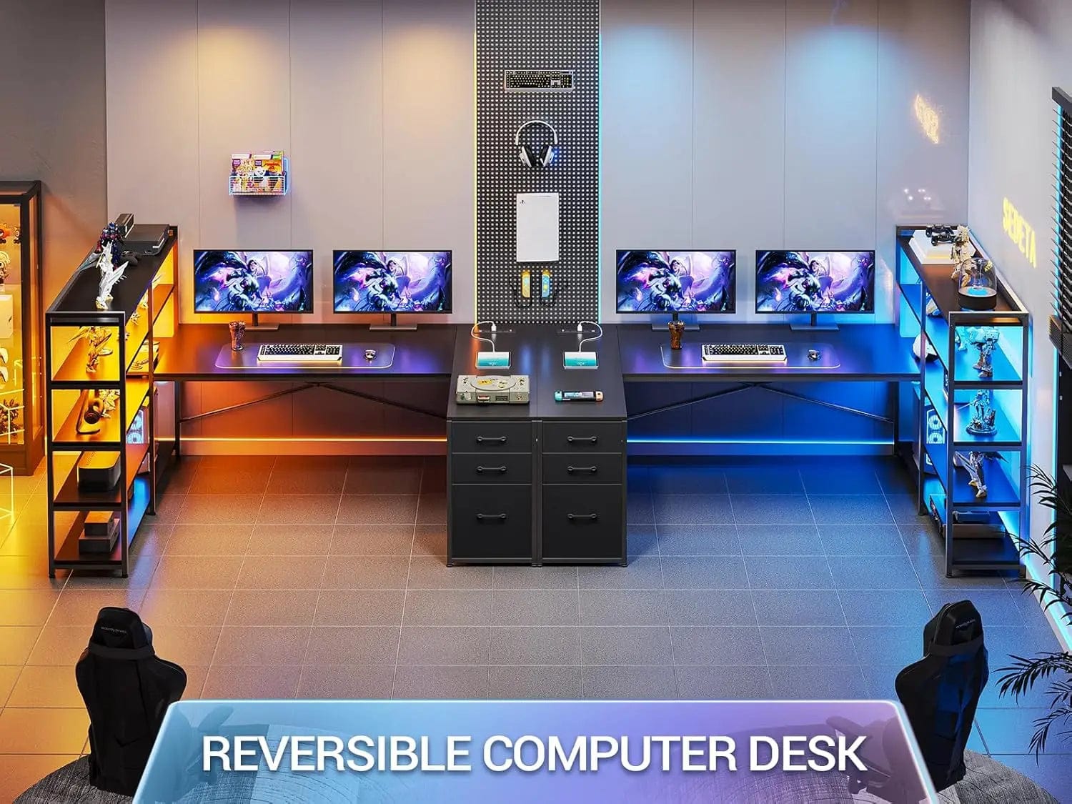 SHOWLU FASHION STORE Shaped Gaming Desk, Reversible U Shaped Computer Desk with Power Outlet and Storage Shelves