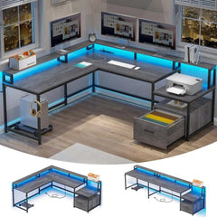 SHOWLU FASHION STORE Shaped Office Desk, 66" Home Office Desk with File Drawer & Power Outlet, Gaming Desk with Led Lights, Corner Computer Desk