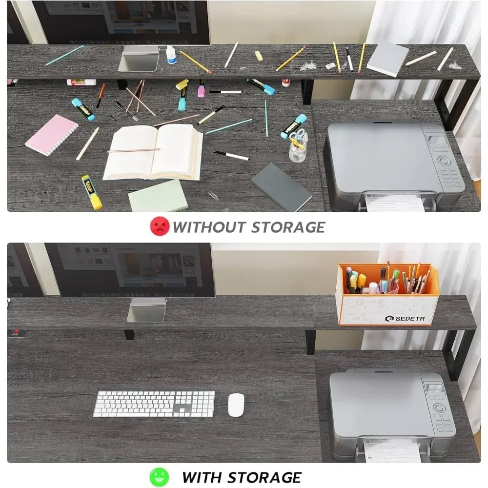 SHOWLU FASHION STORE Shaped Office Desk, 66" Home Office Desk with File Drawer & Power Outlet, Gaming Desk with Led Lights, Corner Computer Desk