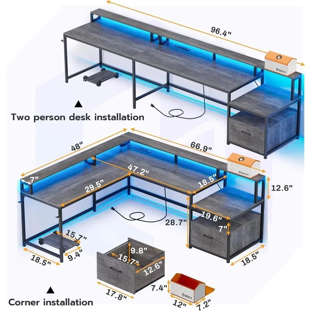 SHOWLU FASHION STORE Shaped Office Desk, 66" Home Office Desk with File Drawer & Power Outlet, Gaming Desk with Led Lights, Corner Computer Desk