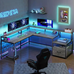 SHOWLU FASHION STORE Shaped Office Desk, 66" Home Office Desk with File Drawer & Power Outlet, Gaming Desk with Led Lights, Corner Computer Desk